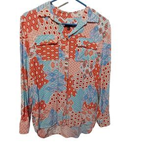 Talbots Top Shirt Size Xs Colorful Print Blouse Lightweight 1/2 Button